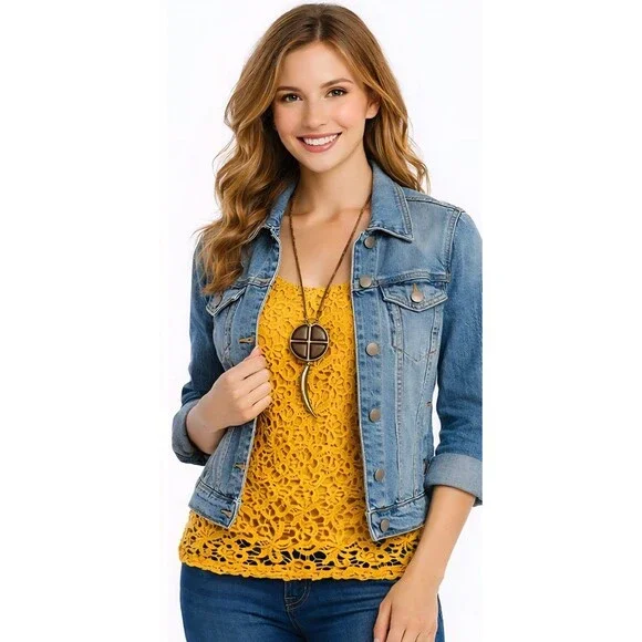 Lucky Brand Women's Crochet Lace Boho Mustard Yellow Sleeveless Tank Top Size XL - Picture 1 of 8